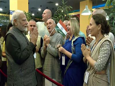 PM Narendra Modi welcomed with 'Krishna Bhajan' upon his arrival at Hotel Korston in Kazan