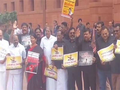 DMK MPs stage protest in Parliament over NEP, three-language formula