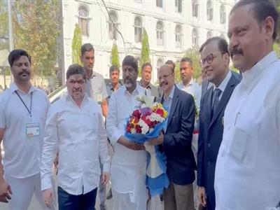 Telangana Finance Minister Bhatti Vikramarka arrives in Assembly with Budget documents