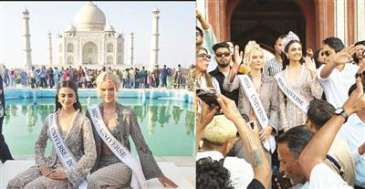 Miss Universe Victoria Kjaer Theilvig, Rhea Singha visits Taj Mahal, poses for fans